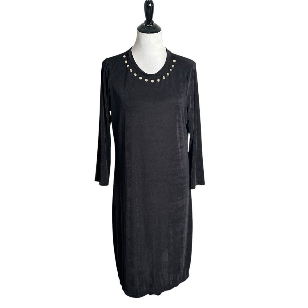 Michael Kors Gold Studded Black Shift Dress Womens L Stretch Knit 3/4 Sleeve